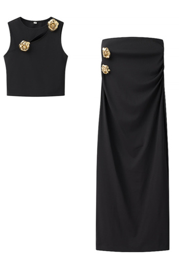 sexy non-stretch metal flower decor crew neck maxi skirt sets