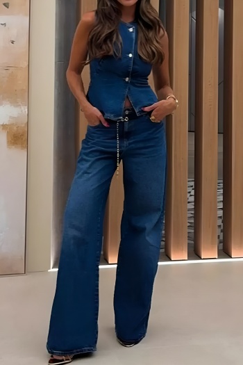 stylish plus-size non-stretch denim vest & wide-leg pants sets (no belt & chain)