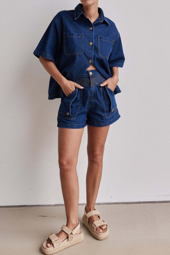 new plus-size non-stretch denim loose tops & high-waist wide-leg shorts sets