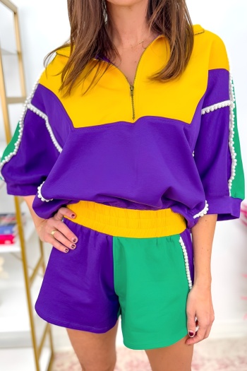 stylish plus-size patchwork contrast color zip-up loose tops shorts sets