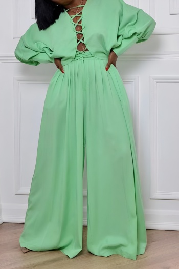 stylish plus size non-stretch pure color lace-up blouse & wide-leg pants set