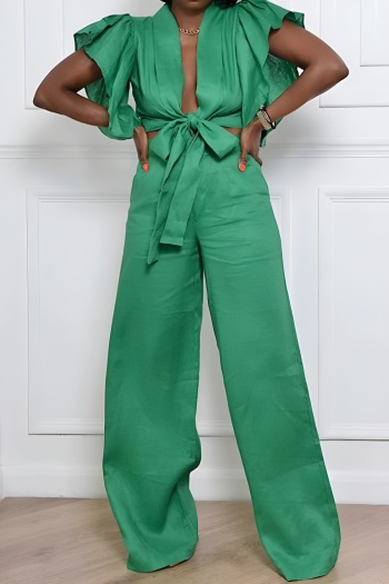 stylish plus size non-stretch pure color backless ruffle top & pants set