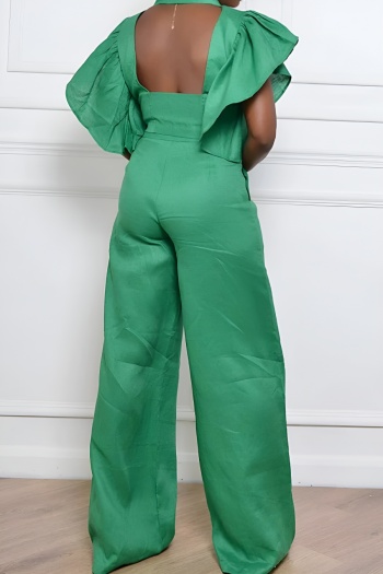 Stylish plus size non-stretch pure color backless ruffle top & pants set