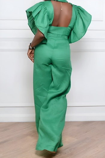 Stylish plus size non-stretch pure color backless ruffle top & pants set