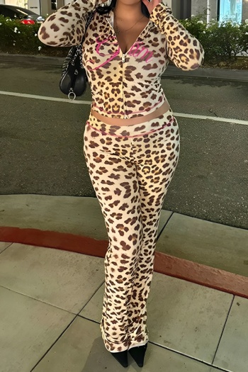 new stylish slight stretch leopard letter printed hooded zip-up pants sets