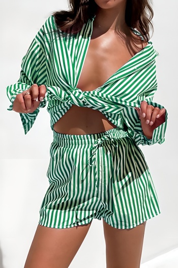 new plus-size non-stretch 5-color stripes printing blouse high-waist shorts sets