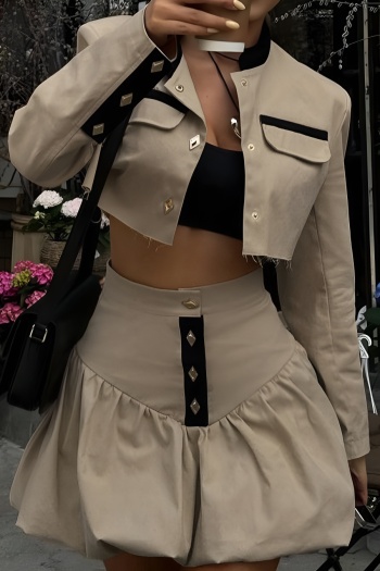 stylish non-stretch 3-color patchwork short tops & high-waist mini skirts sets