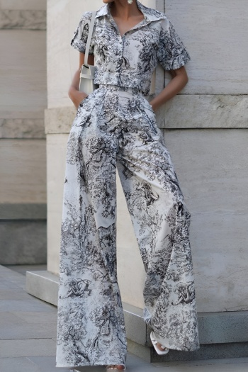 new non-stretch patchwork landscape printing blouse & high-waist pants sets