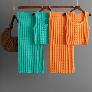 one size stylish slight stretch knit check holes tank tops & midi skirts sets