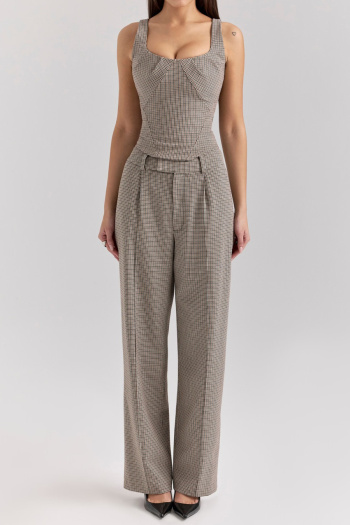casual non-stretch houndstooth print lace-up tight vest straight-leg pants set