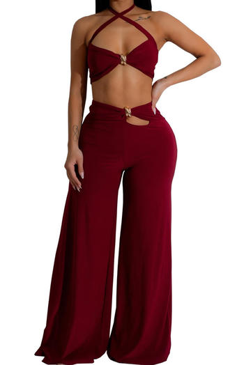 new plus-size slight stretch solid velvet halterneck tops & wide-leg pants sets