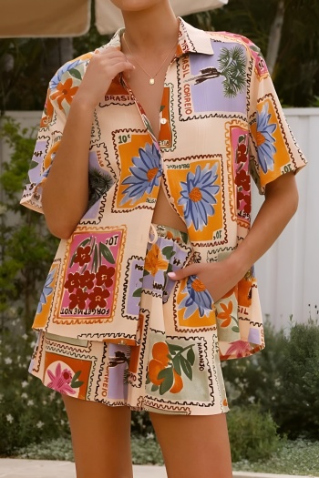casual non-stretch patchwork batch printing short-sleeved blouse shorts sets