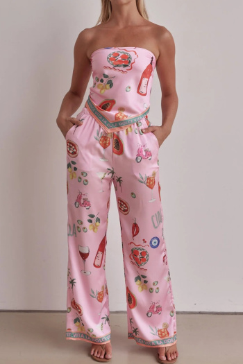 stylish non-stretch multi-pattern printing satin bandeau top wide-leg pants sets