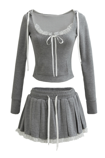 casual slight stretch hooded lace trim mini skirt sets