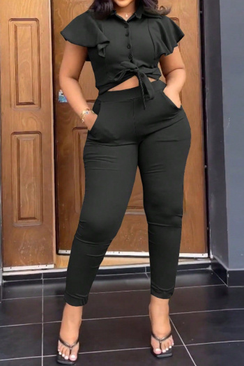 stylish plus-size venetian solid ruffled sleeves tops & high-waist pants sets