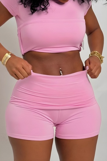 casual slight stretch solid color short-sleeved t-shirt & high-waist shorts sets