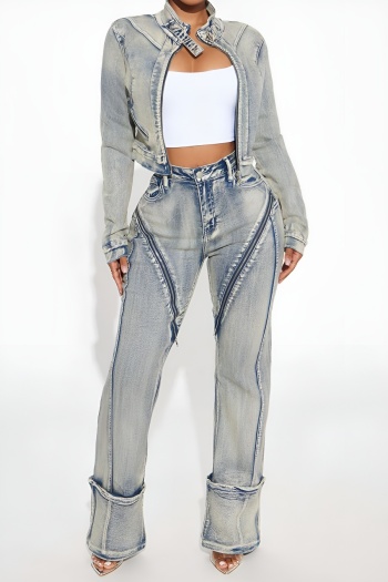stylish plus size slight stretch denim long sleeve jacket & jeans set