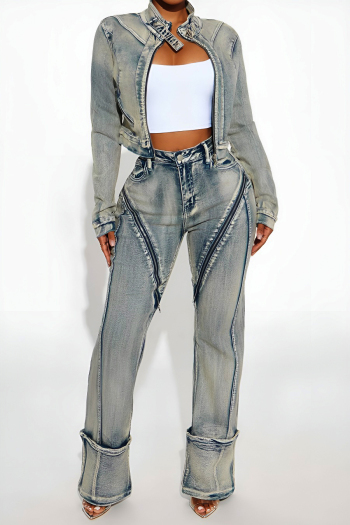 stylish plus size slight stretch denim long sleeve jacket & jeans set