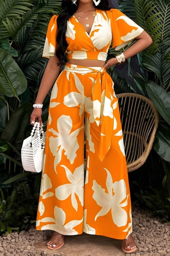 casual plus size non-stretch printed crop top wide-leg pants set