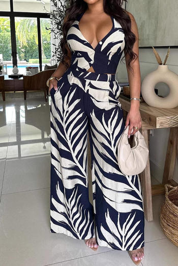 sexy plus size non-stretch 4 colors leaf printing halter-neck pants sets