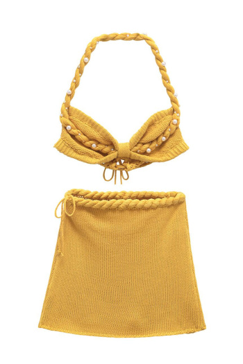 sexy slight stretch weave pearl halter-neck mini skirt sets