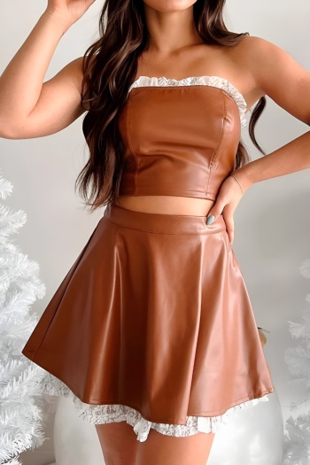 stylish non-stretch pu tube top slim crop vest mini skirt set