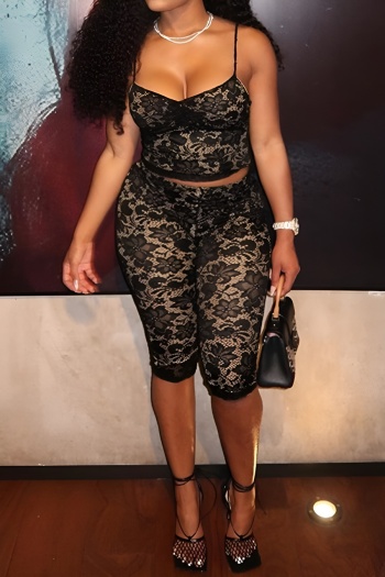 stylish slight stretch lace stitching sling crop vest & shorts set