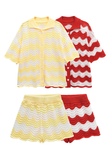 casual slight stretch contrast color ribbed knit lapel shorts set