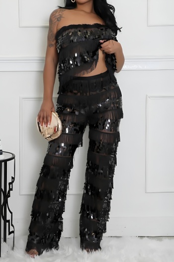 sexy plus size stretch see-through tube top backless top sequin tassel pants set