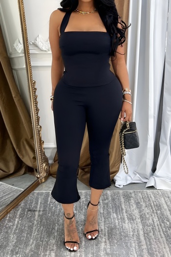 stylish plus size slight stretch halter-neck lace-up vest & crop pants set