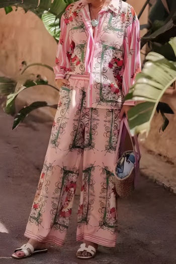 casual plus size non-stretch printed loose linen shirt pants set