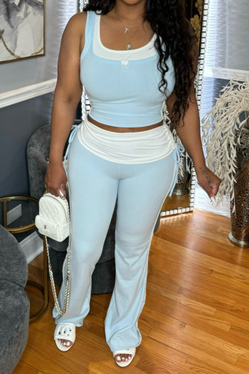 casual plus size slight stretch fake two-piece vest contrast color pants set