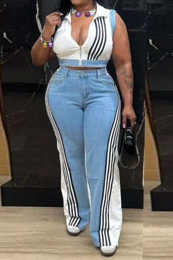 casual plus size non-stretch denim patchwork contrast color wide leg pants set