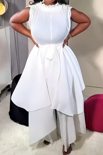 stylish high stretch pleated ruffle loose with belt top & pants set