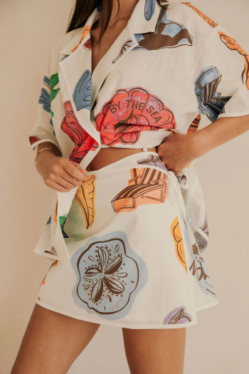 casual plus size non-stretch loose batch printing linen fabric mini skirt set