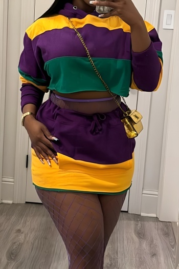 casual slight stretch striped crop hoodies mini skirt set