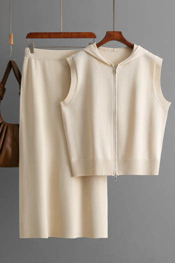 casual slight stretch solid color knitted zip-up hooded vest midi skirt set