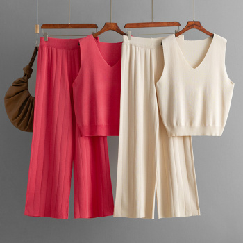 casual slight stretch simple solid color knitted vest and straight pants set