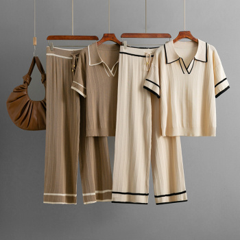 casual stretch knitted polo collar short sleeve top and straight pants set