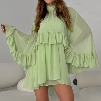casual non-stretch chiffon ruffle top and suspender skirt two-piece set