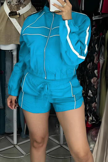 Casual plus size non-stretch striped zip-up top and shorts set new add color