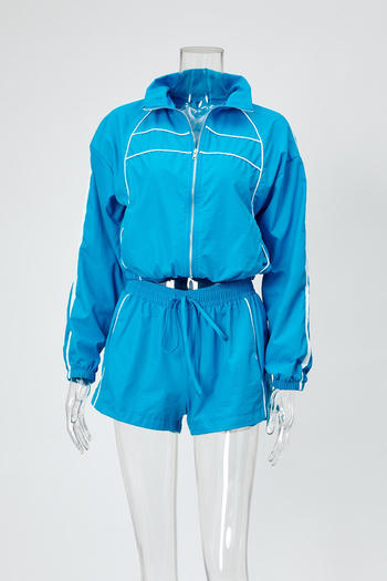 Casual plus size non-stretch striped zip-up top and shorts set new add color