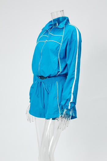 Casual plus size non-stretch striped zip-up top and shorts set new add color