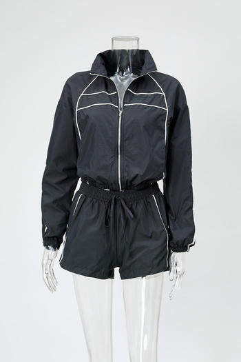 Casual plus size non-stretch striped zip-up top and shorts set new add color