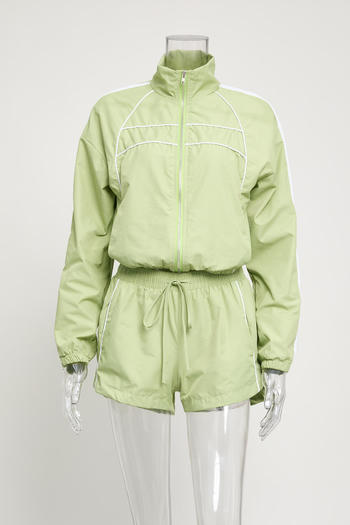 Casual plus size non-stretch striped zip-up top and shorts set new add color