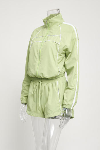 Casual plus size non-stretch striped zip-up top and shorts set new add color