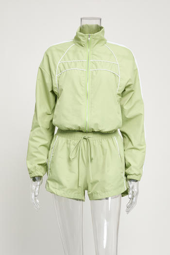 Casual plus size non-stretch striped zip-up top and shorts set new add color