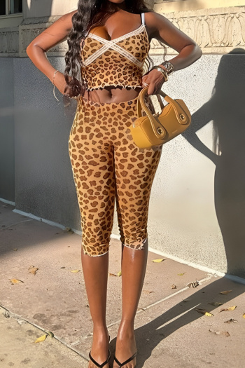 stylish slight stretch leopard lace stitching crop vest & shorts set
