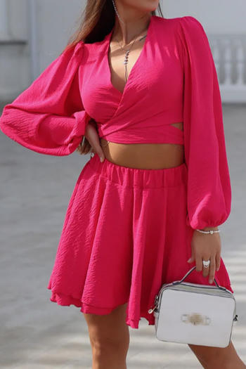 casual slight stretch wrinkle fabric lace-up lantern sleeve shorts sets