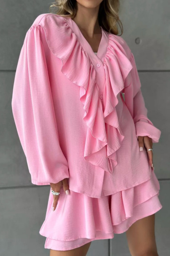 casual slight stretch wrinkle fabric ruffle shorts sets
